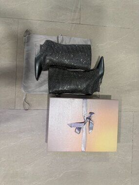 $1635 Benedetta Bruzziches Women Gray Virginia Crystal Drape Boot Shoes Size 39